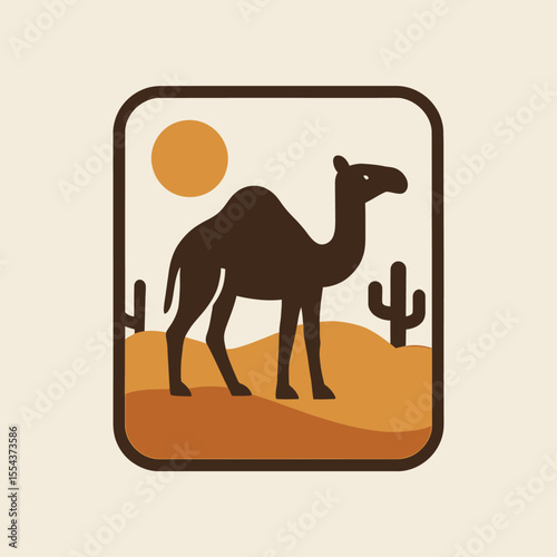 Silhouette of a camel stands in a desert landscape with a sun cacti and rolling dunes within a rounded square frame