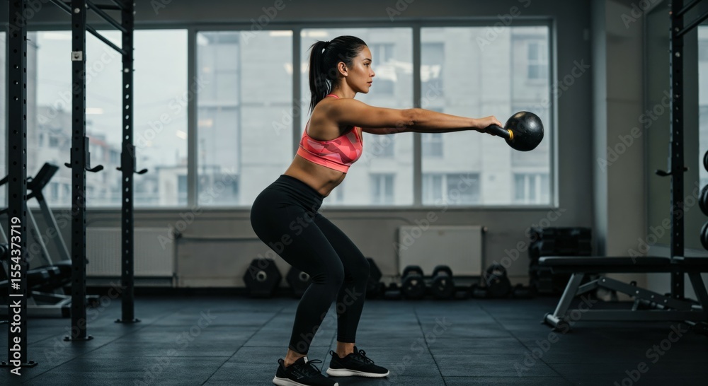 Fototapeta premium Female Fitness Enthusiast Performing Kettlebell Squats in a Modern Gym Environment