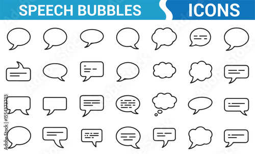 Collection of communication icons, including thought bubbles, message boxes, and dialogue symbols.