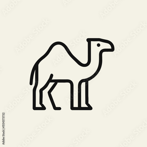 Lineart camel icon solid black outline one hump facing right on a neutral background