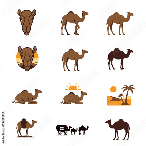 Image shows various cartoonstyle camel illustrations in brown and black