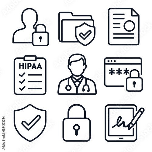 Icons depict security healthcare  data protection with a doctor lock shield  document