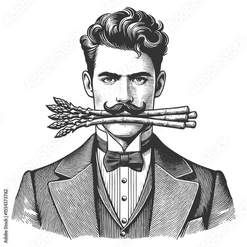 man gripping asparagus stalks in his mouth sketch engraving generative ai fictional character vector illustration. Scratch board imitation. Black and white image.