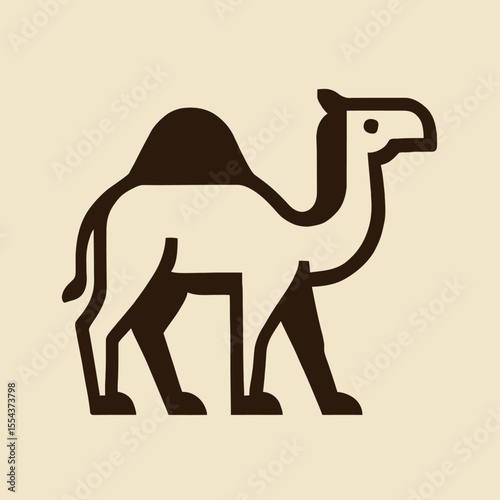 Graphic illustration of a camel with a dark brown outline and body shape against a light tan background