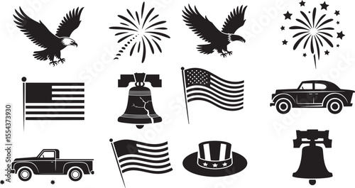 Black and white American patriotic symbols including eagles flags and fireworks bird flying