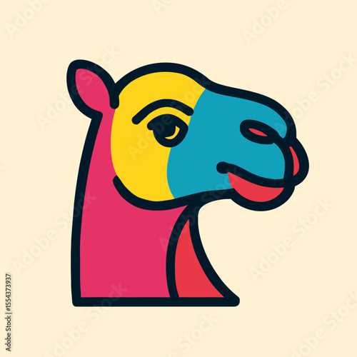 Colorful camel head illustration with vibrant pink yellow and blue segments on a tan background
