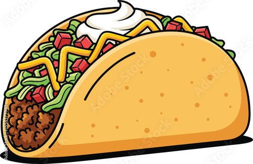 Delicious cartoon taco with beef, lettuce, cheese, sour cream, tomato, crunchy shell, colorful food illustration, fast food clipart, Mexican cuisine vector, tasty snack drawing