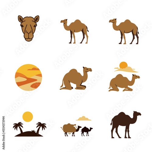 Collection of camel depictions standing kneeling headshot desert scene  with palm trees