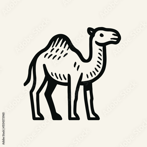 Cartoon drawing of a camel in black and white featuring its hump and long neck