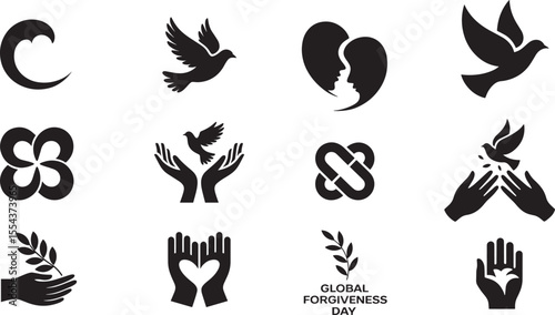 Black and white icons of doves hands and abstract symbols bird flying
