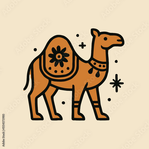 Cartoon camel brown with black outline adorned with decorative saddle and necklace surrounded by dots cross and star