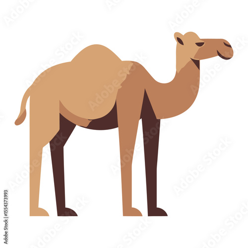 Cartoonstyle camel in profile with tan body brown legs and single hump