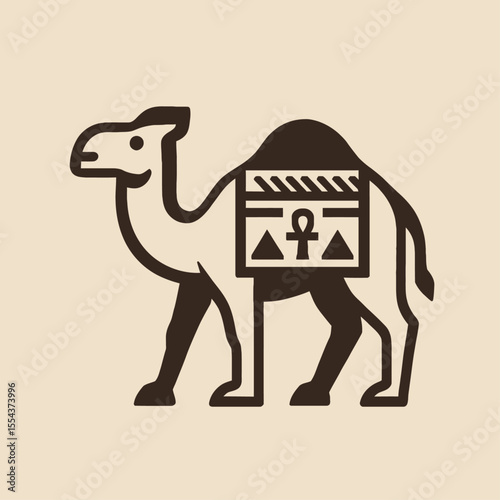 Camel with a patterned saddle side view minimalist design on a tan background
