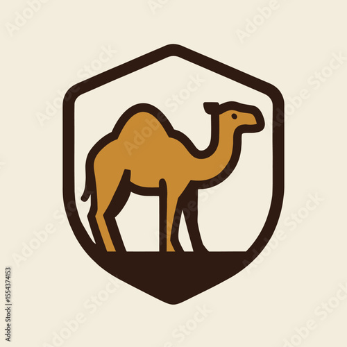 Brown and tan logo of a camel inside of a shield on a beige background