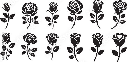Black rose silhouettes with leaves and stems on white background flower
