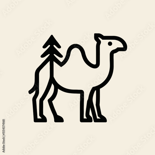Black outline of a camel with a stylized pine tree on its back against a pale background