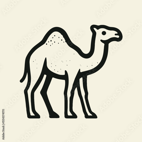 Black outline of a camel with one hump and dots on its hump against a cream background