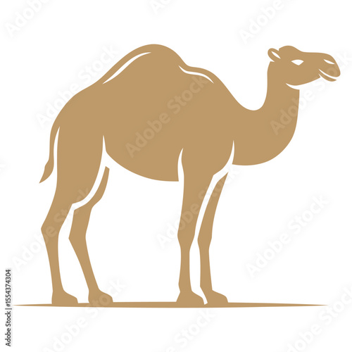 A tan camel stands depicted in a minimalist silhouette against a white background