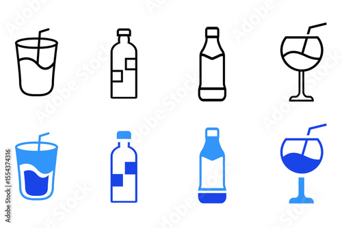 Drink and beverages line and flat icons set. Cocktail glasses and drinks. Different shapes and styles for bar or restaurant use. For app or web UI. Editable vector illustration