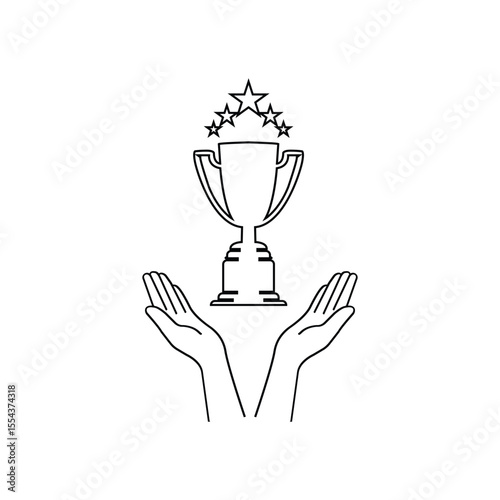 Charity and philanthropy concept. Hight quality sign drawn with thin line. Suitable for web sites, stores, internet shops, banners etc. Line icon of star inside of goblet over opened hands