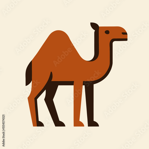 A stylized twohumped camel shown in profile with geometric shapes  a limited color palette against a cream background