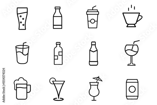 Drink and beverages line stroke icons set. Cocktail glasses and drinks. Different shapes and styles for bar or restaurant use. Editable vector illustration