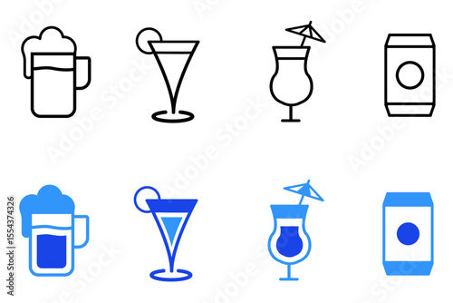 Drink and beverages line and flat icons set. Cocktail glasses and drinks. Different shapes and styles for bar or restaurant use. For app or web UI. Editable vector illustration
