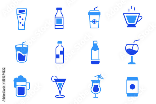 Drink and beverages solid flat icons set. Cocktail glasses and drinks. Different shapes and styles for bar or restaurant use. Editable vector illustration