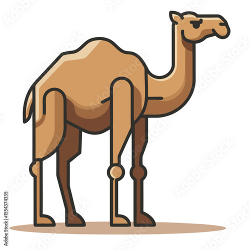 A stylized tancolored camel stands against a white background its design featuring geometric shapes and a minimalist aesthetic
