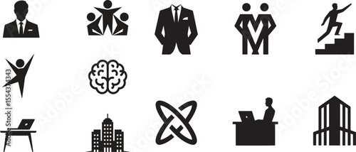 Business icons man suit brain teamwork stairs laptop office building pocket
