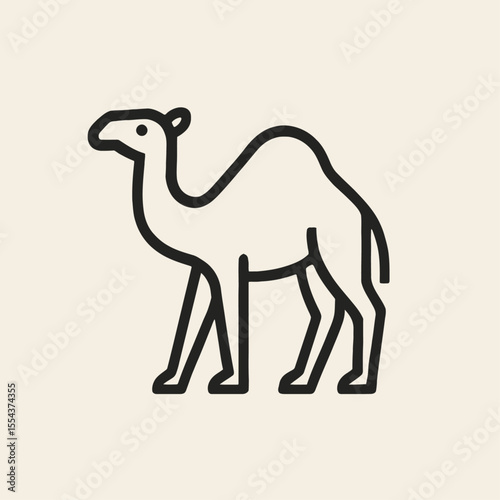 A stylized minimalist illustration of a dromedary camel depicted in thick dark outlines on a light tan background