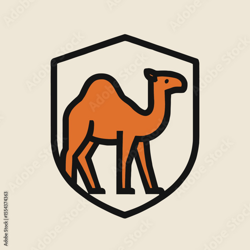 A stylized orange camel emblem within a black shield outline on a cream background
