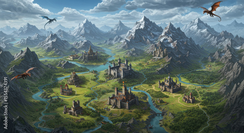 Fantasy landscape with castles and dragons