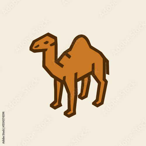 A stylized geometric camel with a brown outline stands on a beige background