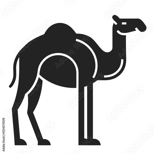 A simple black silhouette of a camel with two humps on its back facing right
