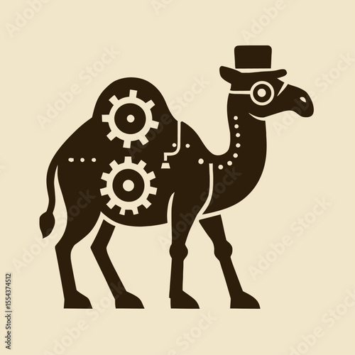 A silhouette of a steampunk camel with cogs dots monocle and top hat stands on a light brown background