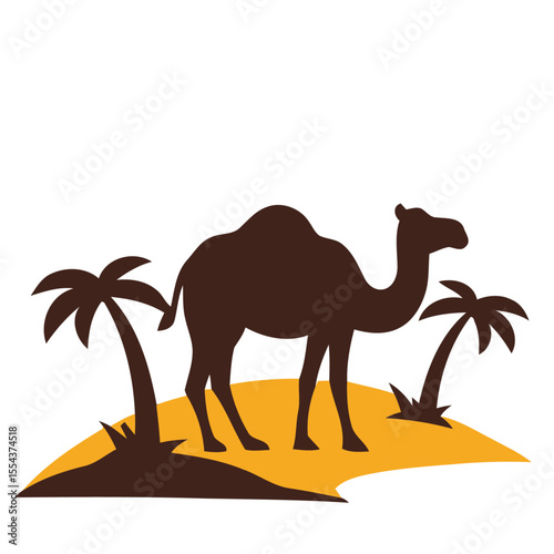 A silhouette of a camel stands on a sandy hill flanked by two palm trees