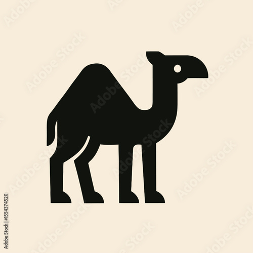 A simple stylized black camel silhouette against a cream background