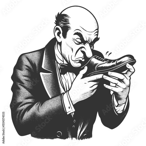 stern bald man intently sniffing a dress shoe, combining surreal humor with classic vintage style sketch engraving generative ai fictional character vector illustration. Scratch board. Black and white
