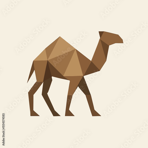 A polygonal camel is depicted in a geometric style against a beige background