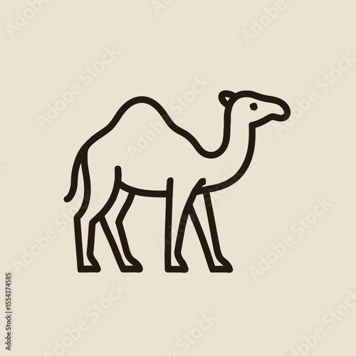 A minimalist line drawing of a dromedary camel singlehumped in profile on a cream background