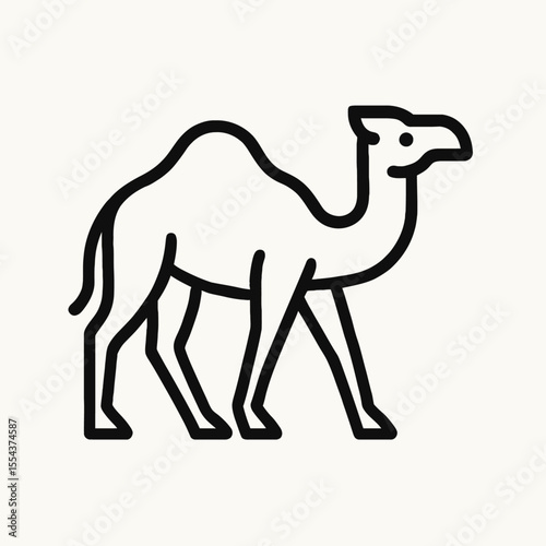 A minimalist line drawing of a camel in profile with a simple eye detail and two humps set against a plain background