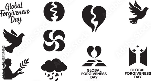 Global Forgiveness Day icons and text with doves broken heart and open door symbol