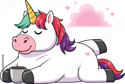 Cute cartoon unicorn relaxing with coffee mug, rainbow mane, magical creature, peaceful expression, pastel pink cloud, dreamy background, fantasy art, vector illustration, adorable style