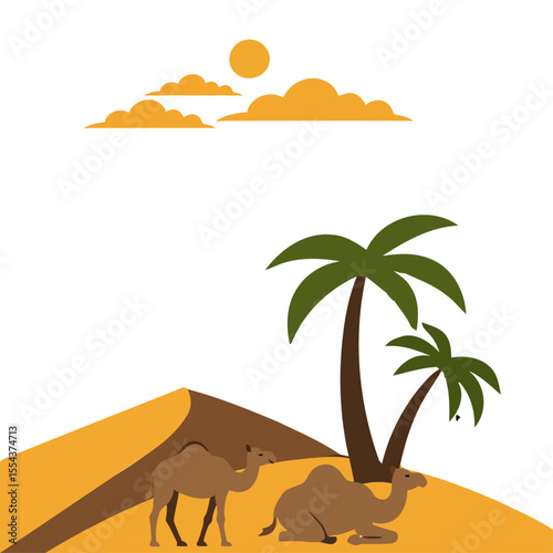 A desert scene with camels sand dunes palm trees and a sun with clouds