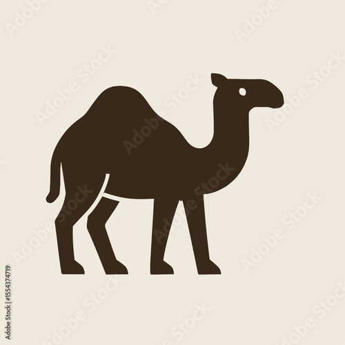 A dark brown silhouette of a camel with a single hump on a tan background