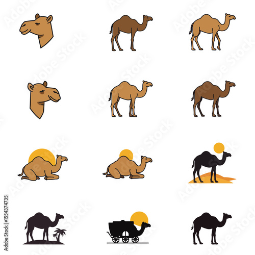 A collage of nine cartoon camel illustrations with various poses  settings