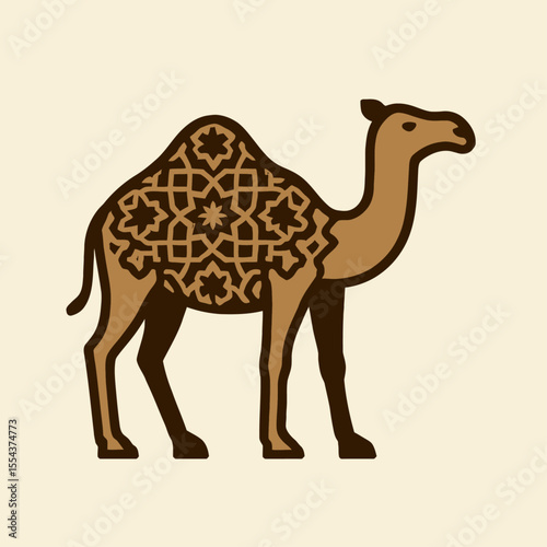 A camel with a patterned hump stands against a solid beige background
