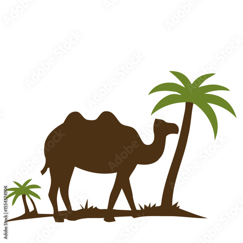 A brown camel stands near two palm trees on a grassy patch