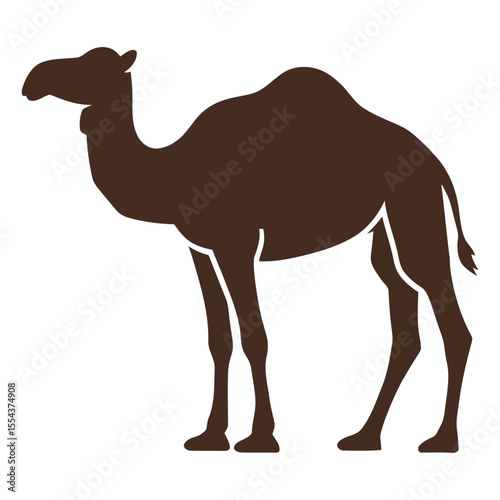 A brown silhouetted onehumped camel stands against a white background